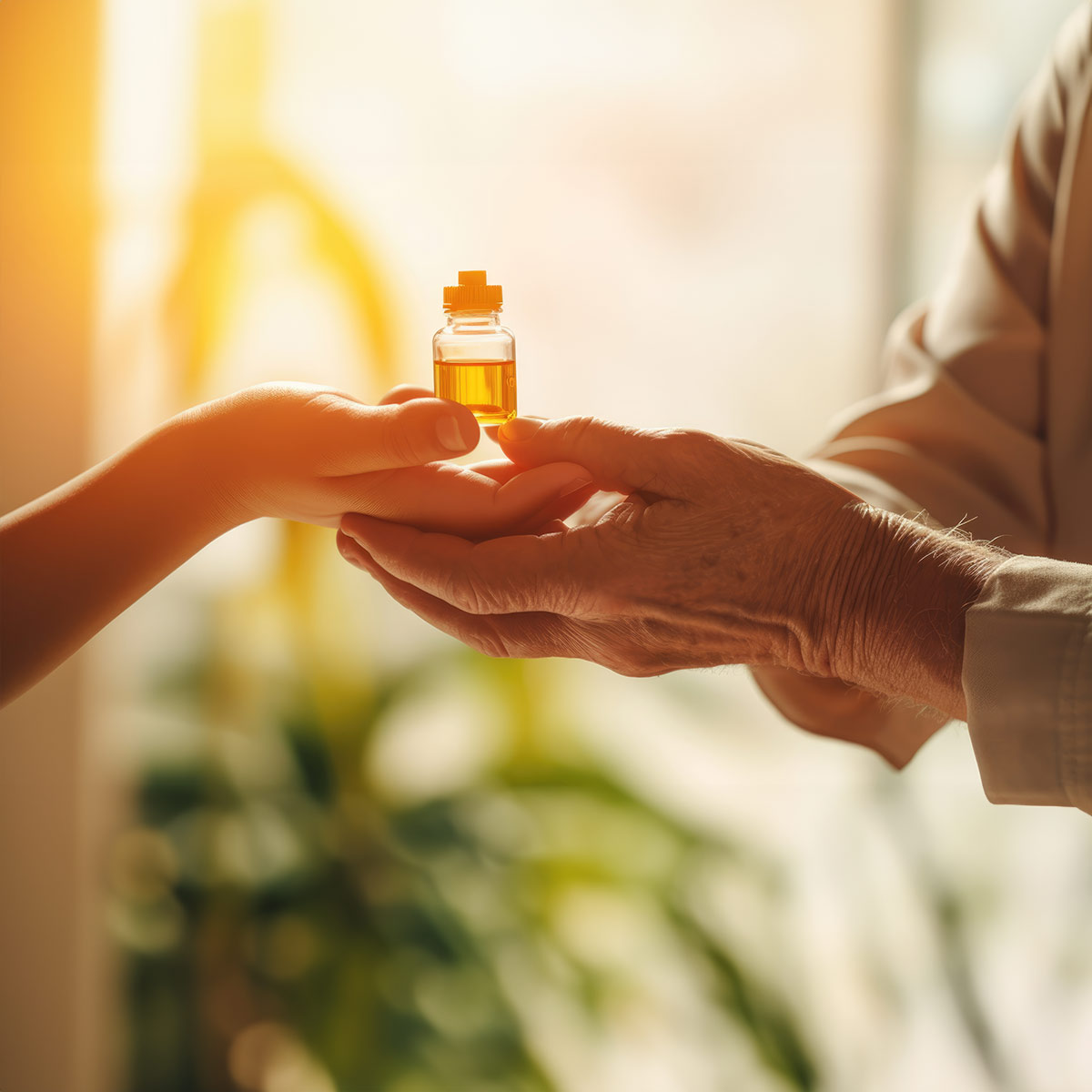 eine Person, die eine kleine Flasche mit Flüssigkeit in der Hand hält